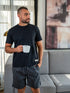 Men summer pajama set Black T-shirt + Black X White Stripes Short